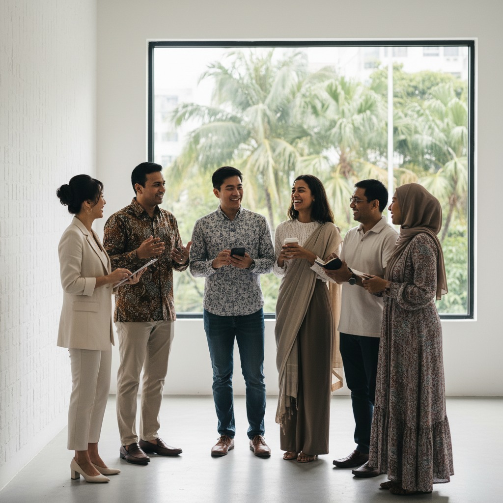 Six diverse colleagues chat and laugh together in a bright, modern office with a large window in the background.