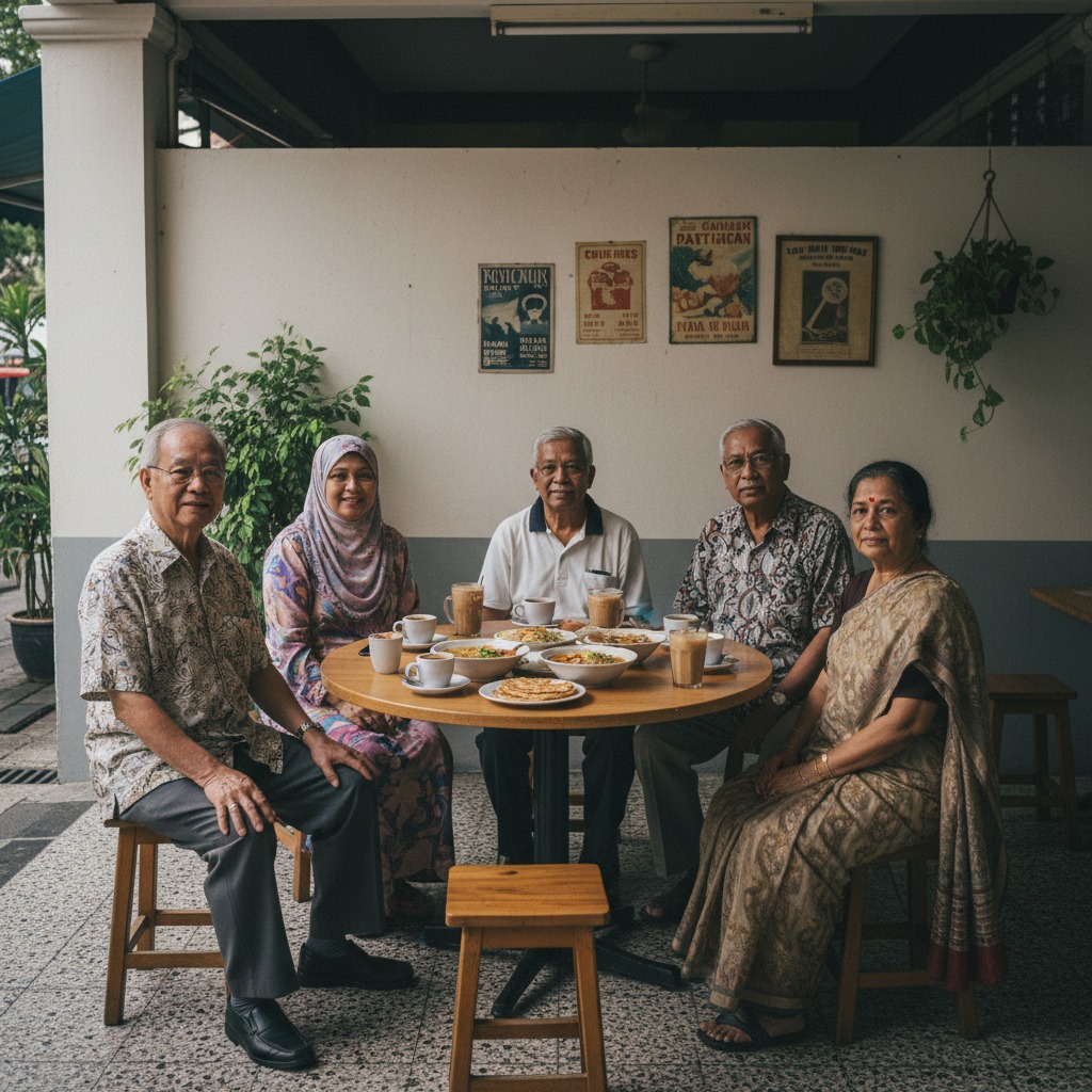Five diverse elderly adults sit together around a round wooden table, enjoying food and drinks on an outdoor patio of a restaurant.
